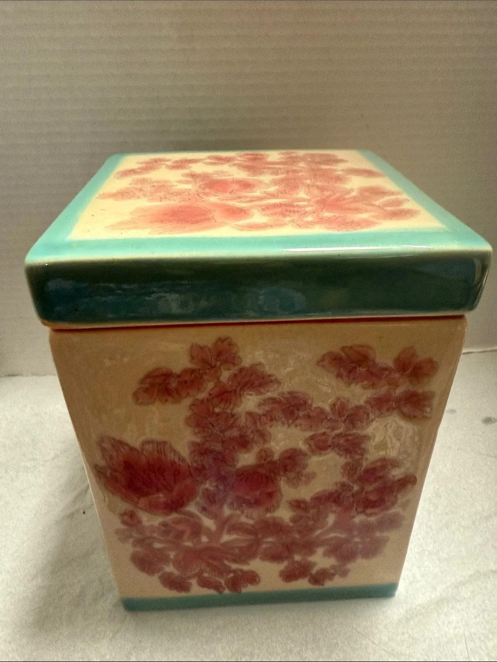 Pier 1 Teal-Trim Floral Ceramic Canister